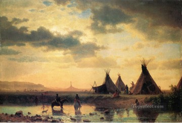 Vue de Chimney Rock Village de Sioux Ogalillalh au premier plan Indiens d’Amérique Albert Bierstadt Peinture à l'huile